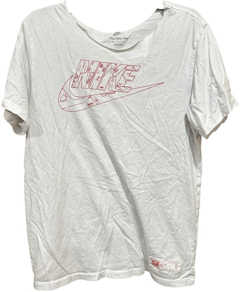 Nike Shirt Women Size M White DIY Cut Neckline Red Swoosh Graphic Tee Cotton